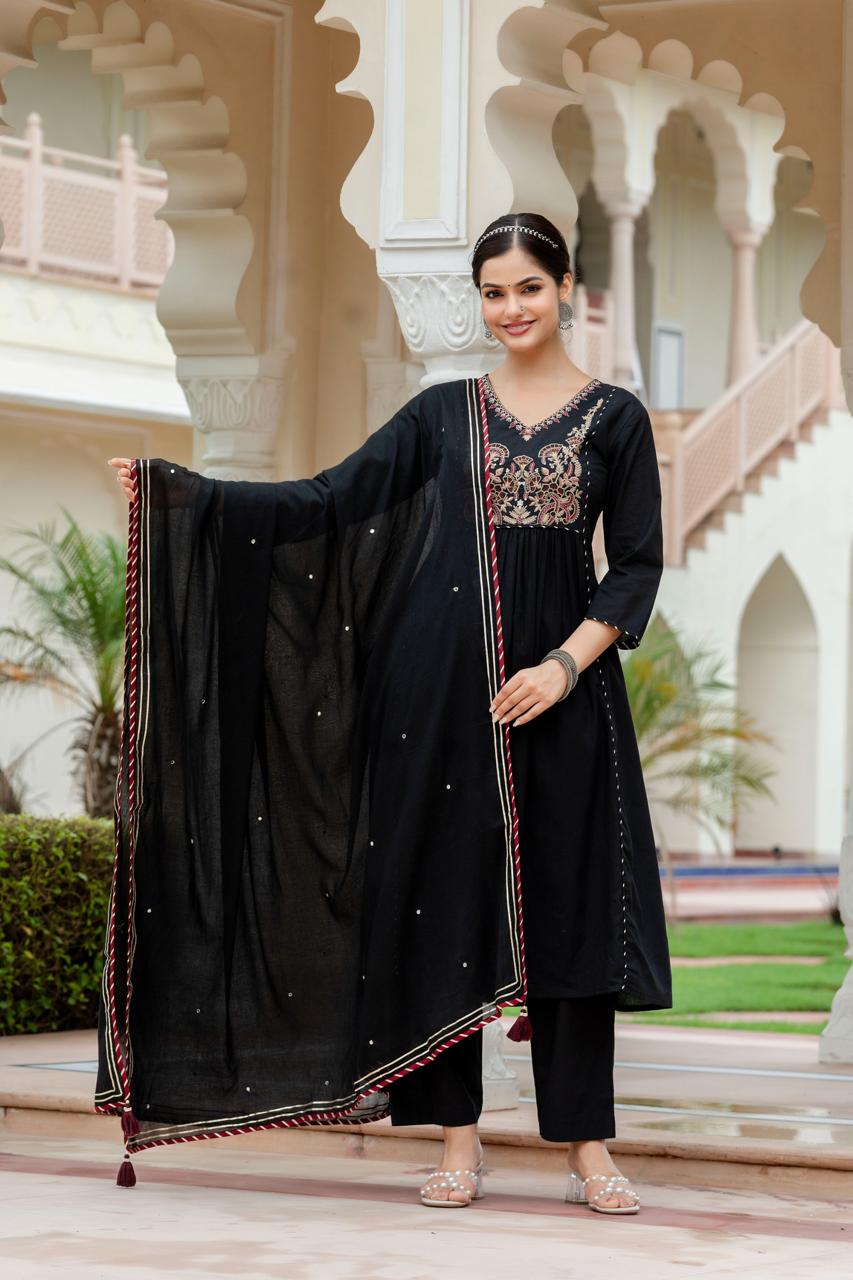 Woman Black Cotton Kurti Duptta Set