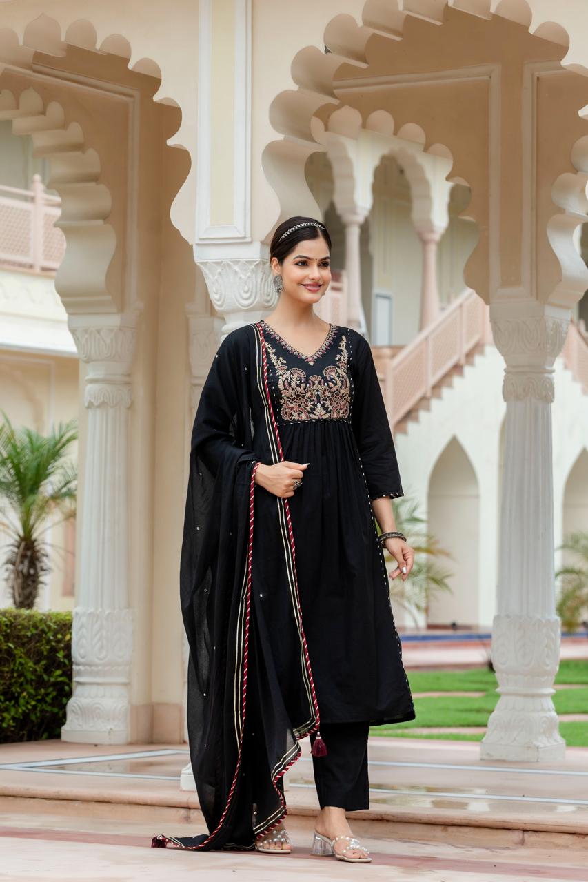 Woman Black Cotton Kurti Duptta Set