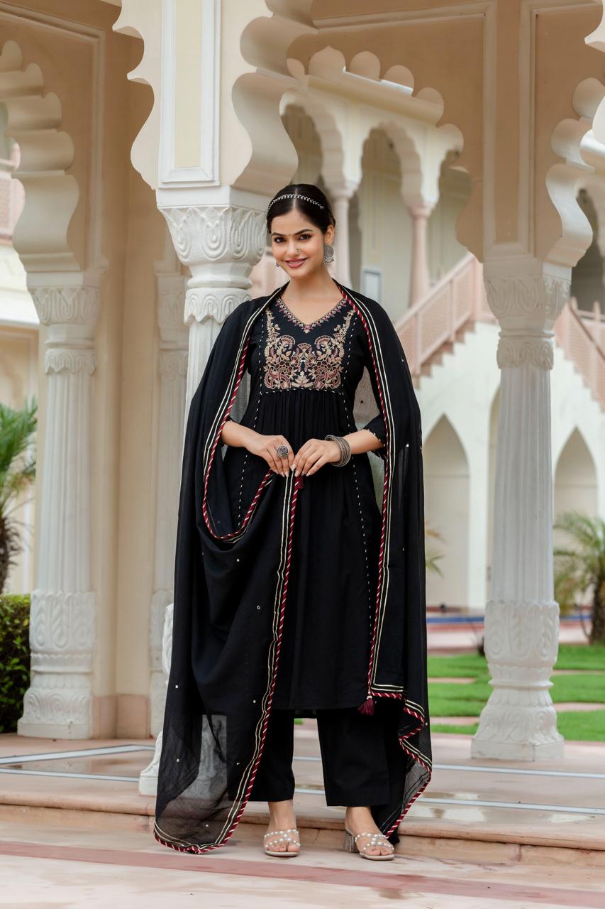 Woman Black Cotton Kurti Duptta Set