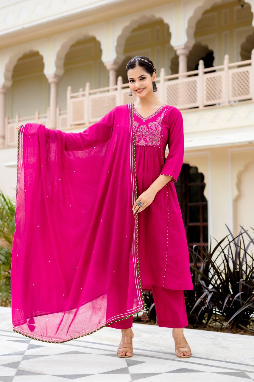 Women Ethnic Motifs Embroidered Empire Thread Work Pure Cotton Kurta with Trousers & With
