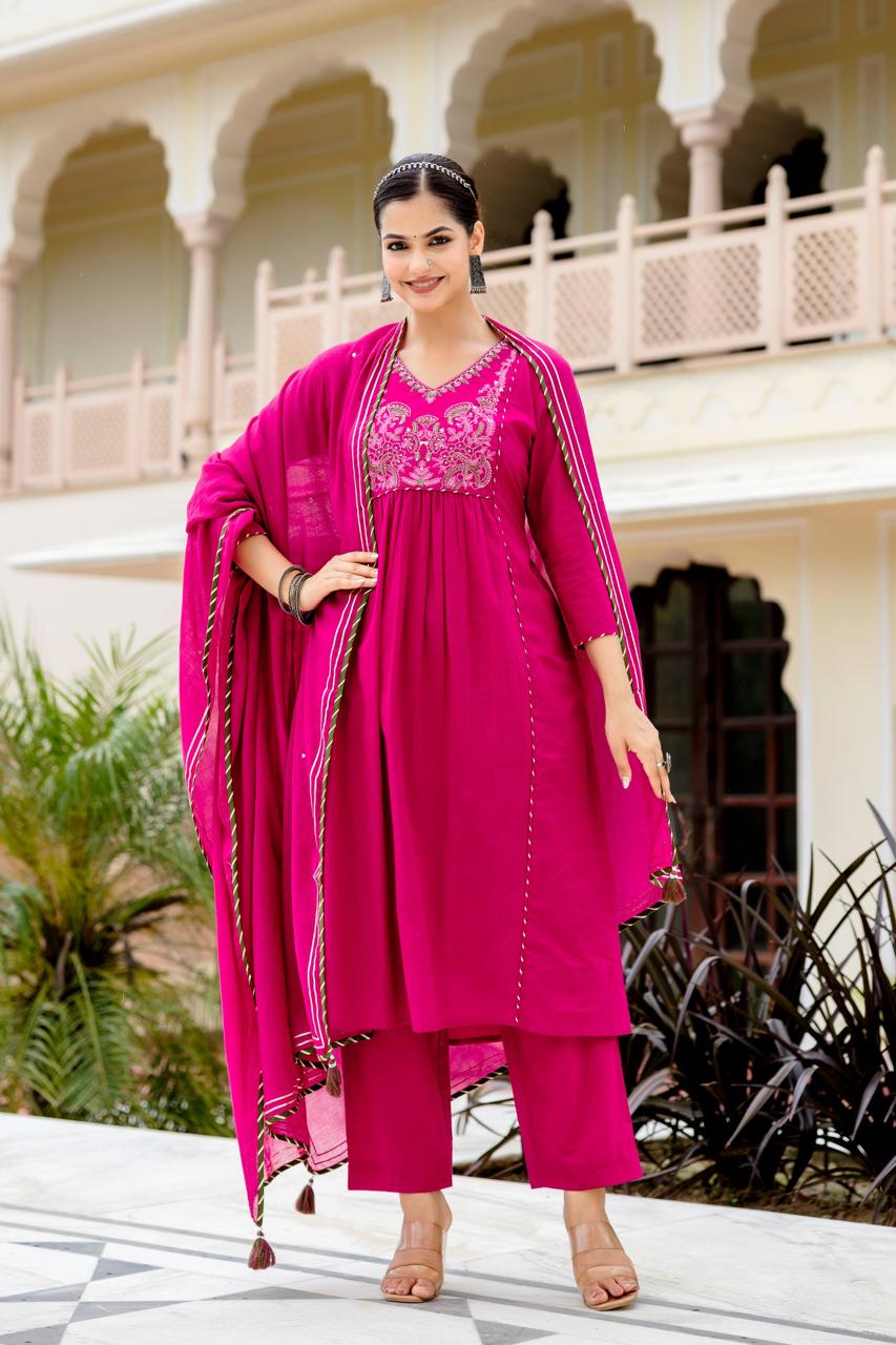 Women Ethnic Motifs Embroidered Empire Thread Work Pure Cotton Kurta with Trousers & With