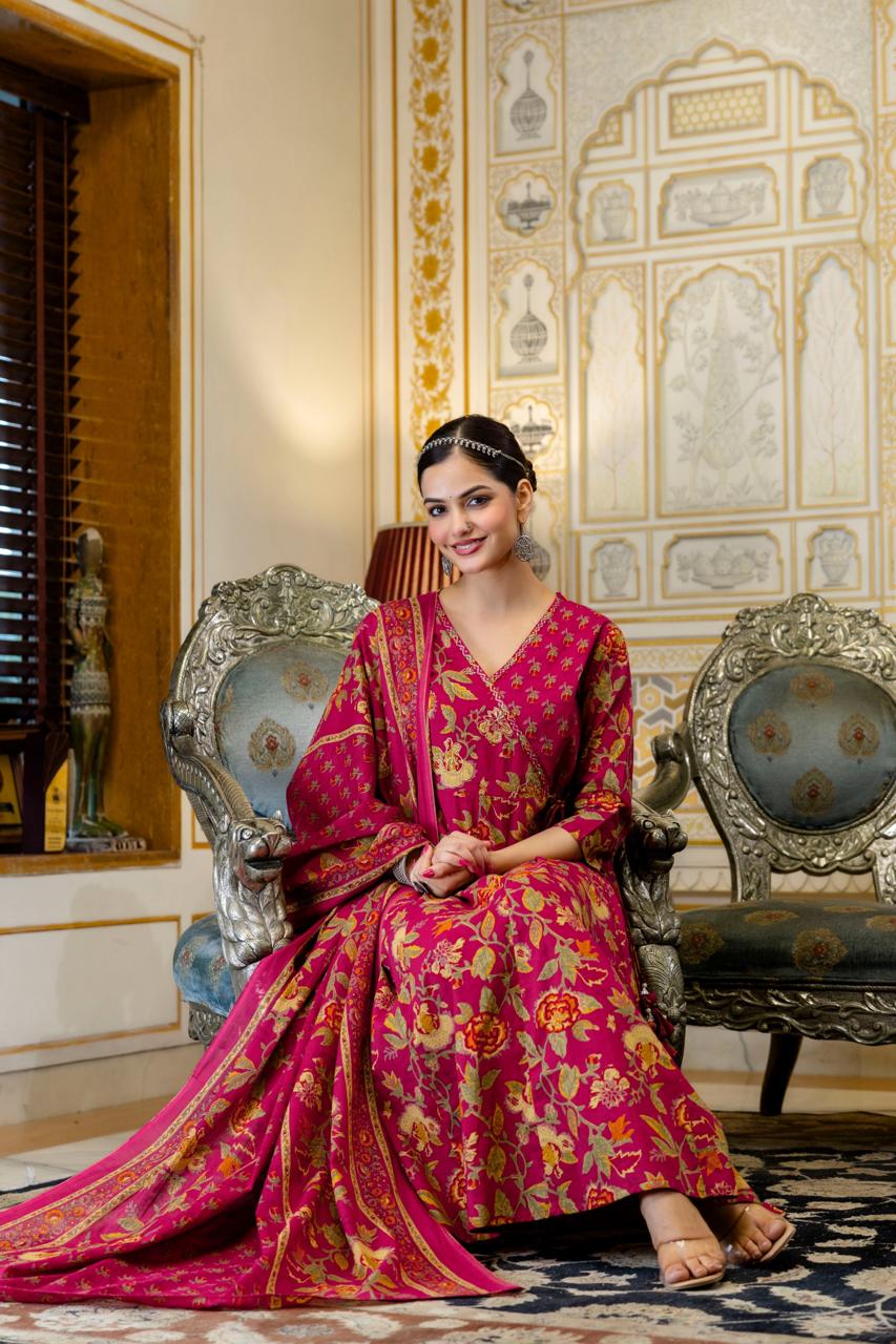 Woman Cotton Kurti Dupatta Set Anarkali Pattern