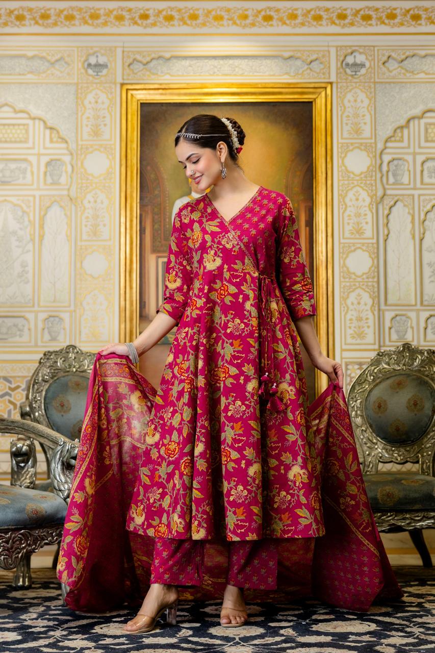 Woman Cotton Kurti Dupatta Set Anarkali Pattern