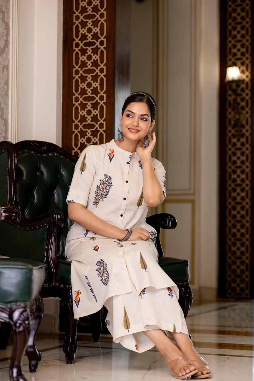 Woman Printed Cotton Co-erd Set In Aline Kurti Pattern With Ankle Length Pant